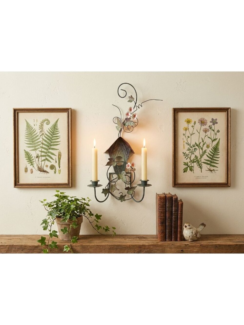 Vintage Metal Art Bird House Wall Sconce Double Candle Holder Green Farmhouse